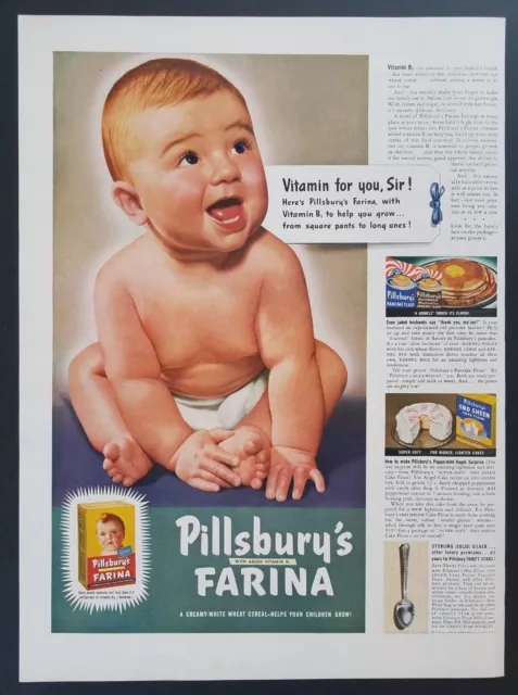De colección Estampado Anuncio Harina Cereal Bebé En Sombrero Decoración De Pared Arte 1940s 1941