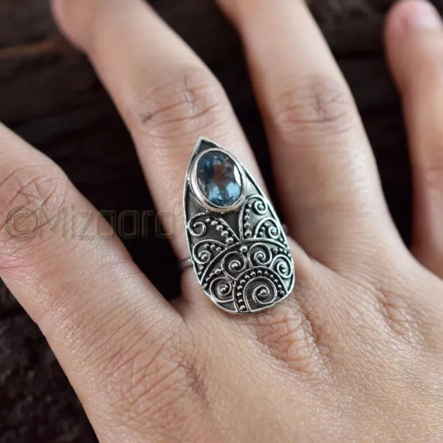 Blue Topaz Real 925 Sterling Silver Black Enamel Leaf Design Bohemian Women Ring