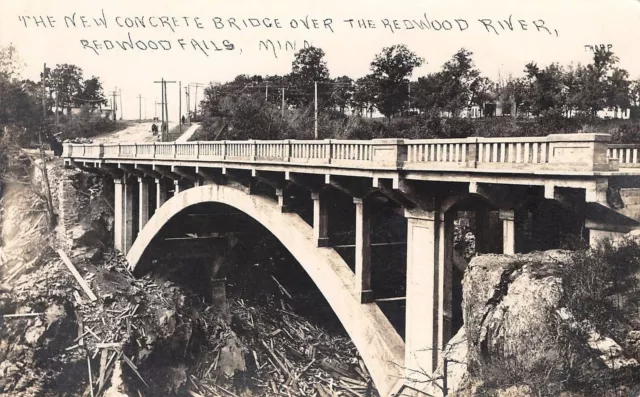 Redwood Falls Minnesota~Concrete Bridge Over River~Houses Along Road~1912 RPPC
