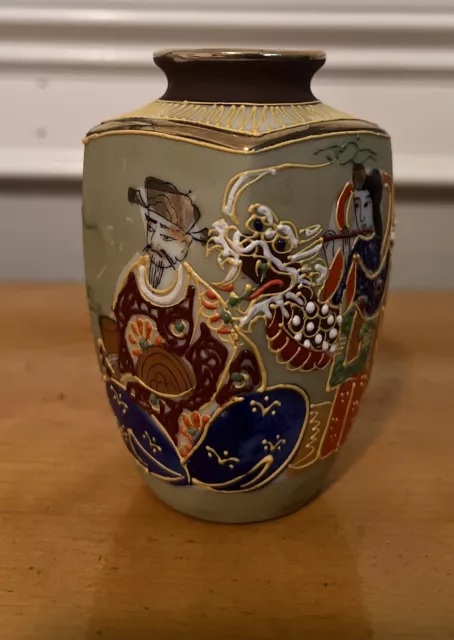 Vintage Japan Satsuma Porcelain Moriage Vase Hand Painted Gold Gilt Pottery