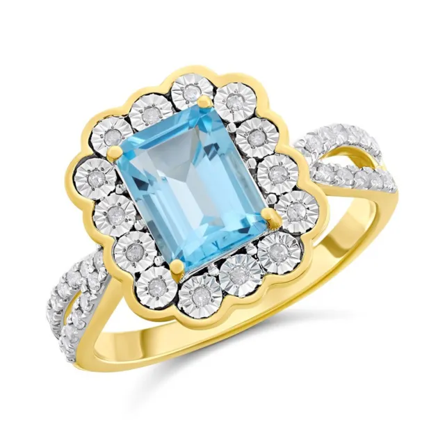 F.Hinds Womens Jewellery 9ct Gold Blue Topaz And Diamond Cluster Ring - 20pts