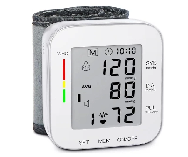 Presión arterial de muñeca, pantalla LCD grande, puño ajustable + estuche de transporte