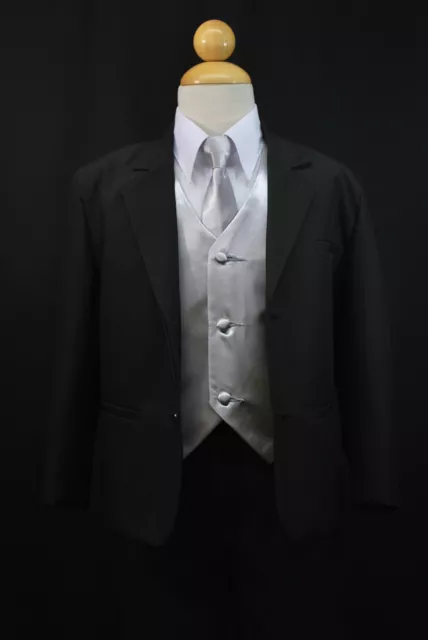 Boy Baby Toddler Kid Teen Formal Wedding Black Silver Suit Tuxedo 5pc Set S-20