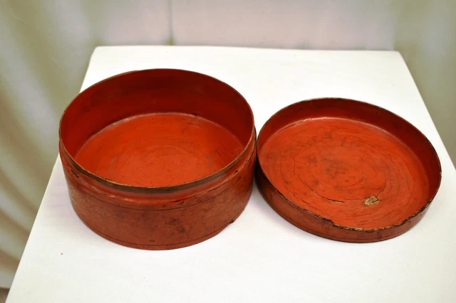 Antique Burmese (Bagan) Red Lacquered Coiled Bamboo Betel Nut Box Hand Painted"2 9