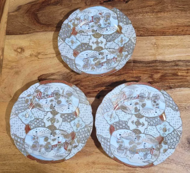 Set of 3 Children Scenery Gold Moriage Porcelain Small Plate Satsuma Japanese