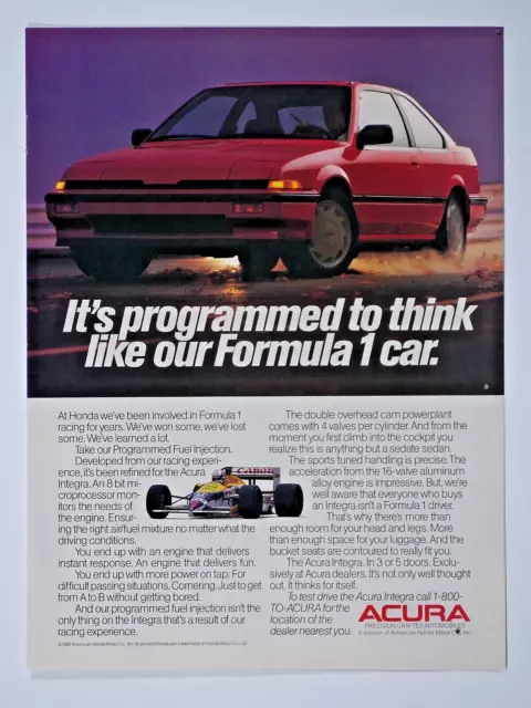 1987 Acura Integra Honda Formula 1 Racing Vintage Original Print Ad 8.5 x 11"