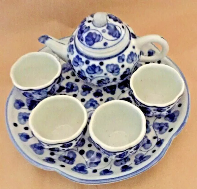 Vintage Miniature Oriental Tea Set Blue & White Floral Pattern Childs Set for 4