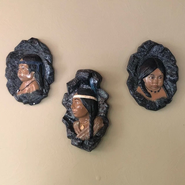 Vintage Native American 1981 Sitter Ceramics 3D Man & Children Bust Plaques