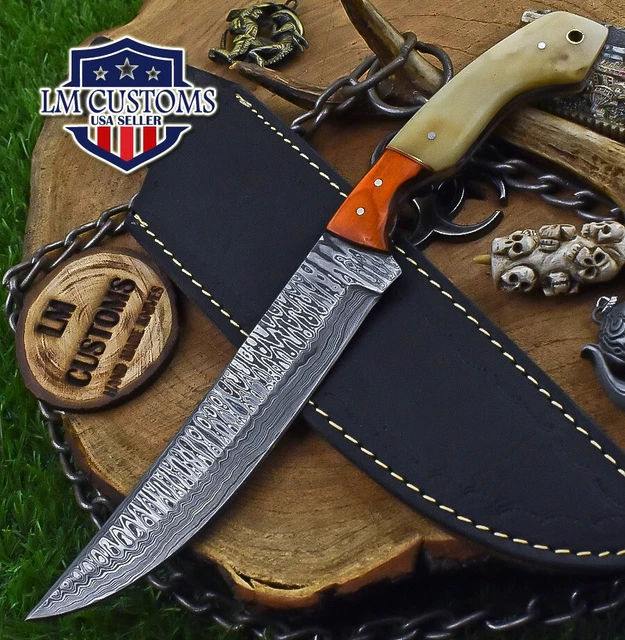 Custom Forged Full Tang Knife Ladder Damascus Bone Wooden Bolster Hunting