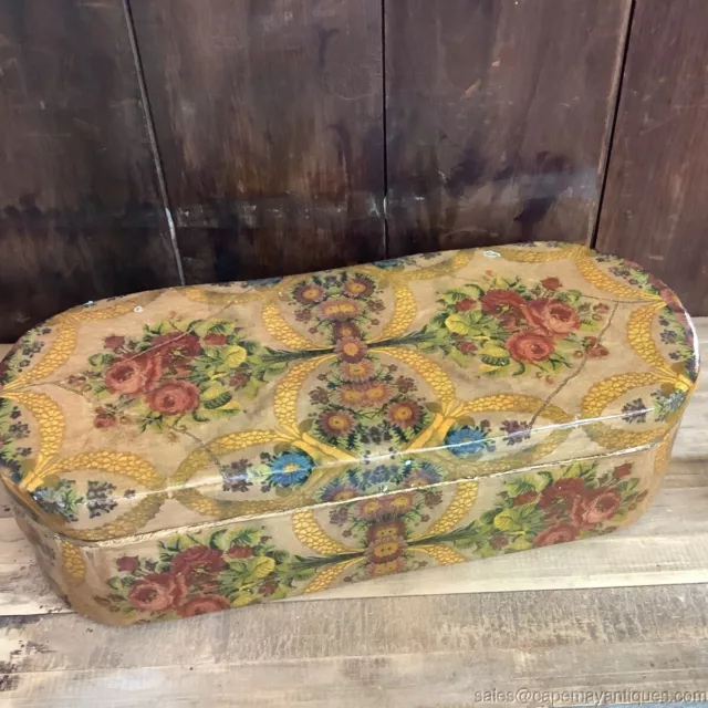 Vintage Papered Solid Wood Oblong Box Storage Floral Victorian Gold Interior 21" 2