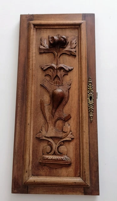 French Hand Carved Breton Oak Cabinet Door Floral Pattern -  25.2" x 11"