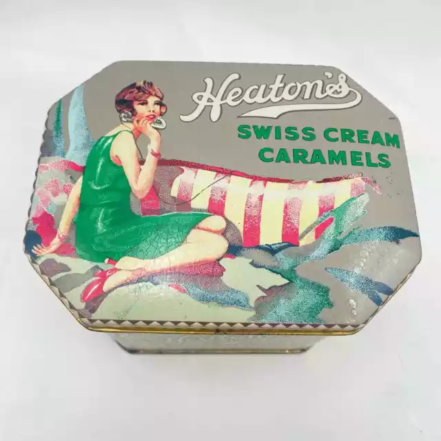Vintage Heaton's Swiss Cream Caramels Daher Tin Flapper Girl Hinged Tin