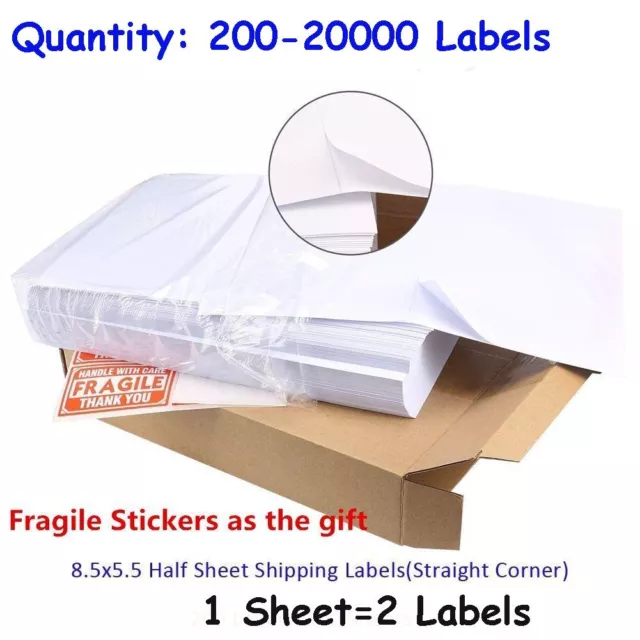 200-20000 Half Sheet Address Shipping Labels 2 Per Sheet 8.5x5.5 Self Adhesive