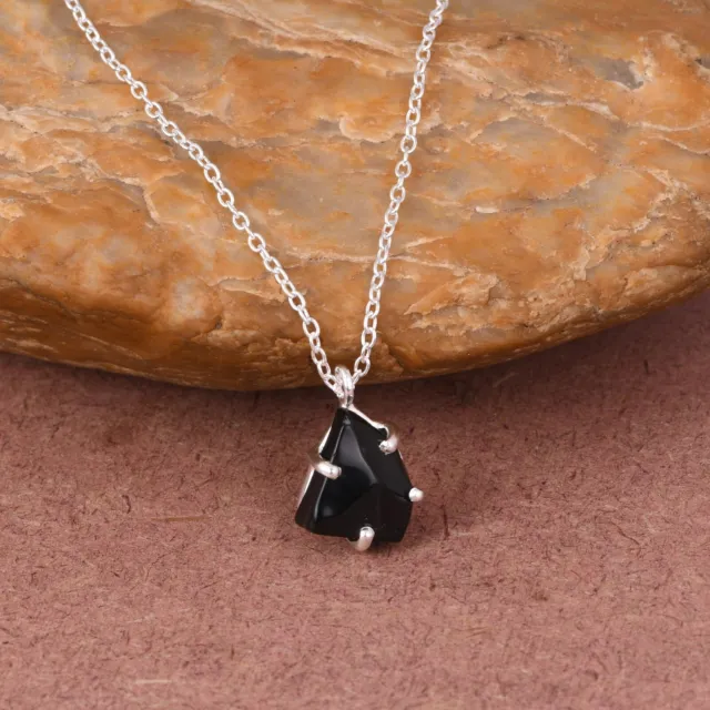 Genuine Raw Black Obsidian Pendent Necklace 925 Silver Jewelry for Beginning