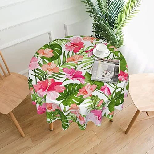 Cute Hawaiian Blooming Hibiscus And Palm Tablecloth Round Summer Table Cover Was