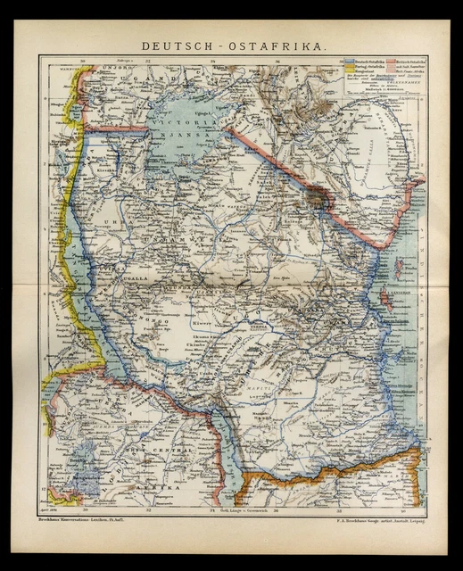 Orig. Lithographie-Tafel Old Map 1898 Deutsch-Ostafrika Kolonien Schutzgebiete