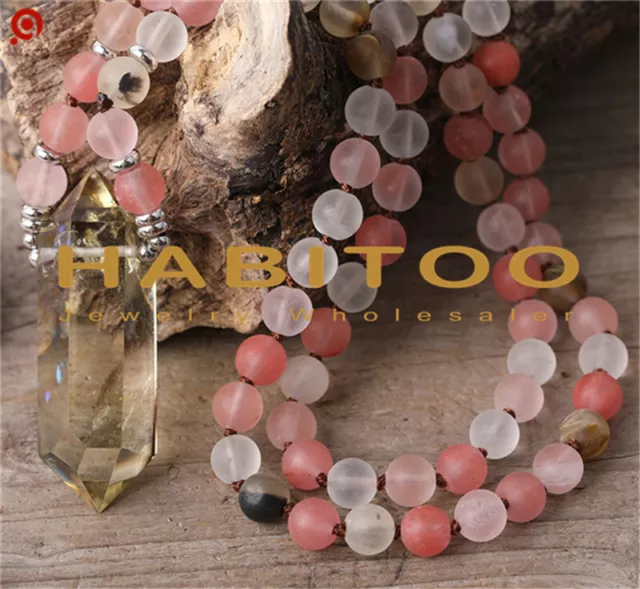 Natural Quartz Double Point Pendant Red Watermelon Stone 108 Mala Beads Necklace