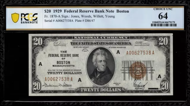 1929 $20 Federal Reserve Bank Note - Boston - FR.1870-A - Graded PCGS 64