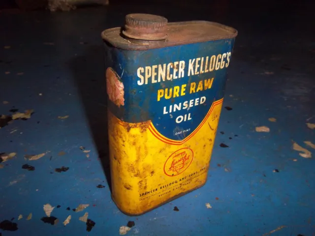 Vintage Spencer Kellogg's Pure Raw Linseed Oil Can 1 Pint Empty Rusty Gold Decor