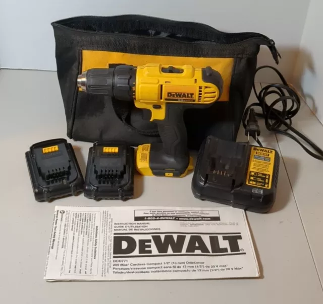 Dewalt 1/2 Drill Driver DCD771 W/ 2 Batteries, Charging Station, & Storage Bag