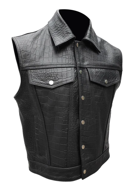 Uomo Stile Biker Gilet Stampa Coccodrillo Pelle Nero Moto Gilet