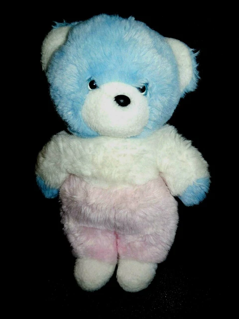 doudou peluche ours bleu blanc rose NOUNOURS - Vintage 29cm