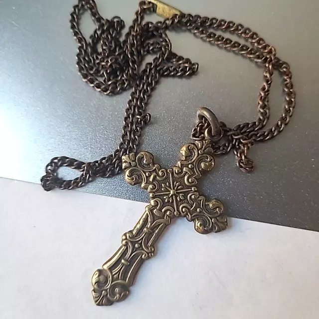 Antique Vintage Estate Brass Cross Pendant Chain Necklace 24"L