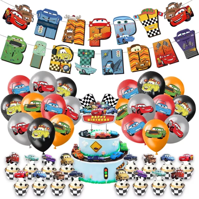 Disney Cars Theme Birthday Party Supplies Set，Balloons Banner Cake Toppers