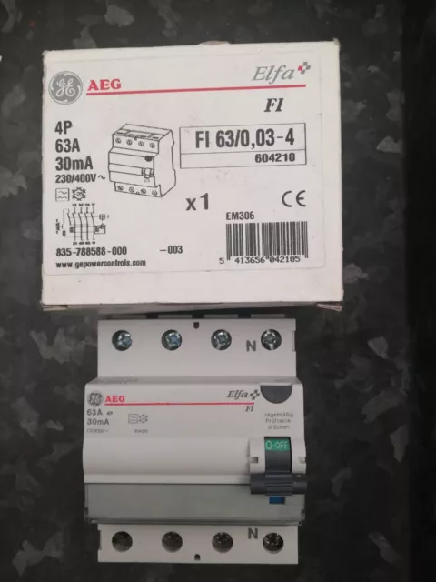 AEG Fehlerstromschutzschalter 63A/0,03A 30mA 4-polig Fi-Schalter 604210