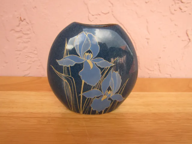 Otagiri Hand Crafted Blue Small Vase Iris Flowers Japan Oval 4 Inches Vintage