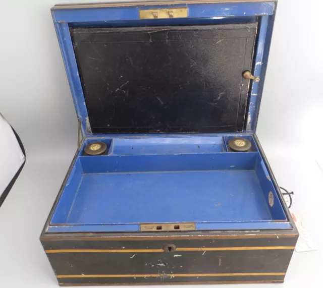 Victorian Hobbs & Co Tin/Metal/Toleware Writing Box with Crown Patent Inkwells