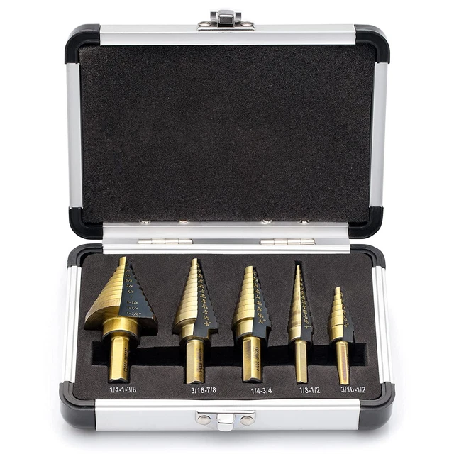 5 Piece SAE Multiple Hole 50 Sizes HSS Step Drill Bit Set with Aluminum Case | S