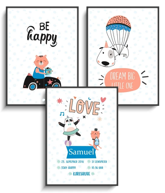 Geburt A4 Bild 3er Set Lustige Tiere Poster Baby Kind Taufe Geschenk Deko Zimmer