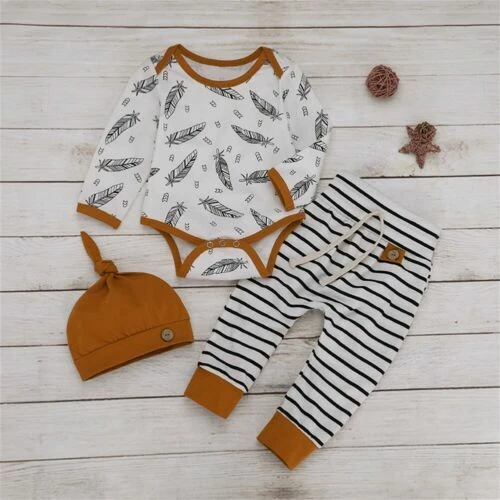 Newborn Baby Boy Girl Outfits Clothes Long Sleeve Tops Romper+Pants 3pcs Set