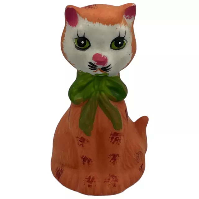 Vintage Porcelain Ceramic Orange Tabby Cat Bell Green Eyes and Bow Feline Kitty