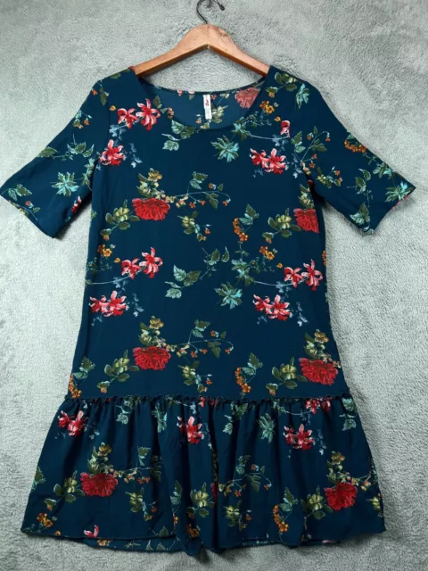 Xhilaration Boho Dress Womens Medium Blue Floral Shift Ruffle Short Sleeve