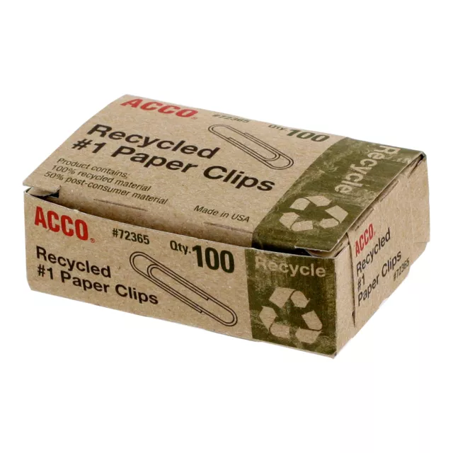 Acco Recycled Paper Clips, #1 Size, Box of 100 (72365)