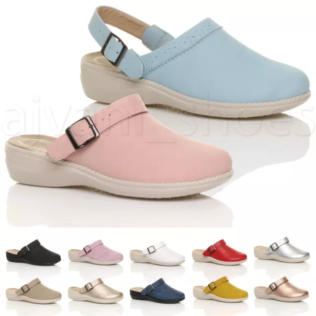 Womens Ladies Mid Flat Wedge Slip On Comfort Slingback Clogs Mules Sandals Size