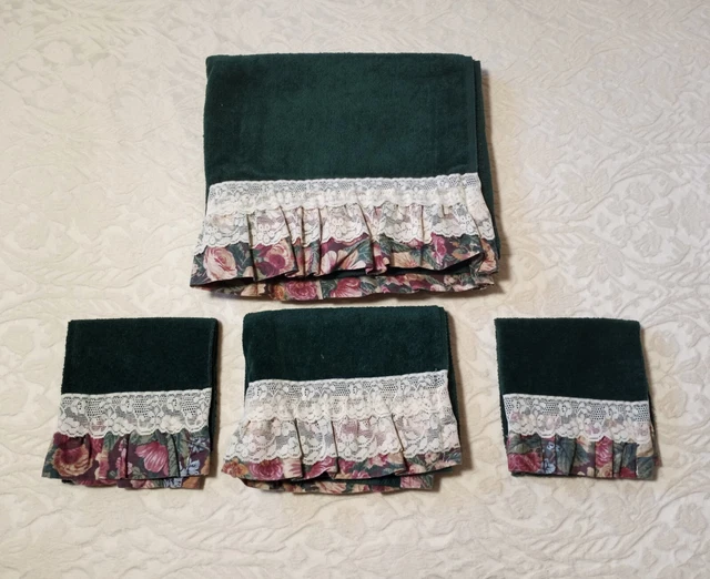 4 VTG R. A. Briggs Green Towels Rose Trim White Lace Face Body And Hand Towel