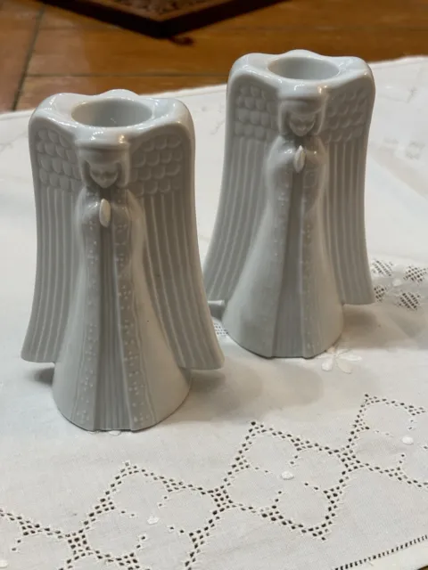 Praying ANGELS White Porcelain Pair CANDLE HOLDERS 4.25" Tall CCCC Japan Vintage