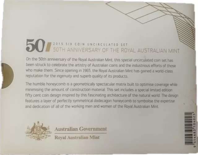 2015 Six Coin Year Set - 50Th Anniversary Of The Royal Aust. Mint - Uncirculated 2