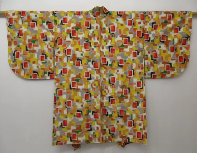 1401T02z390 Vintage Japanese Kimono Silk MEISEN HAORI Yellow Gray