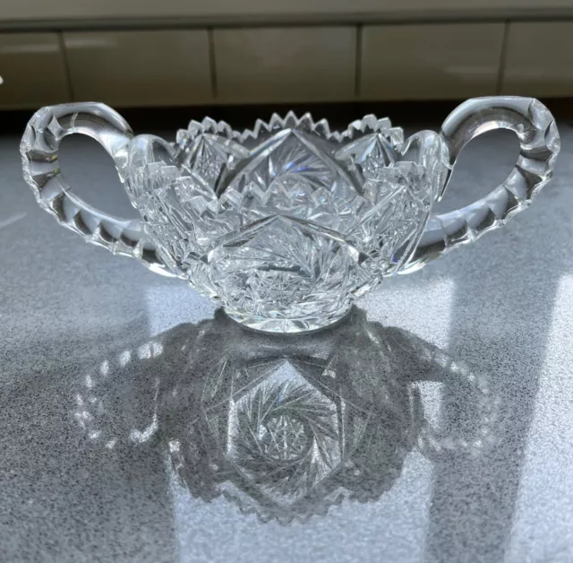 American Brilliant Cut Glass 2 Handled Sugar Bowl Hobstar Pinwheel Sawtooth