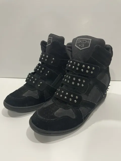 Skechers SKCH+3 Hidden Wedge Shoes Sneakers Black Suede Canvas Studded Women 9.5