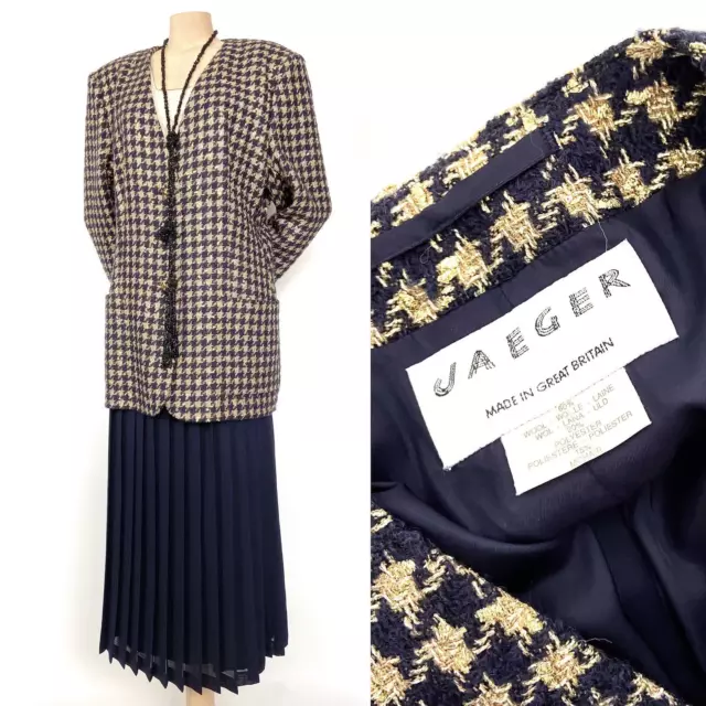 Giacca blazer vintage anni '80 Jaeger oro navy tweed houndstooth e gonna a pieghe M