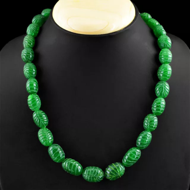 Amazing 465.00 Cts Earth Mined Rich Green Emerald Oval Carved Beads Necklace 2