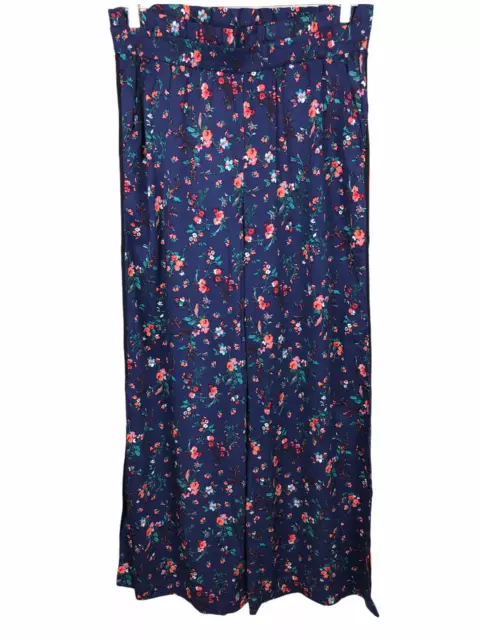 Du Jour Women's Pull-on Printed Floral Pants with Track Stripe Navy X-Large Size