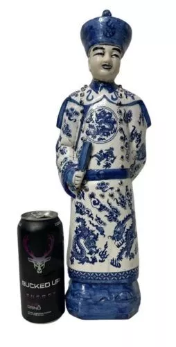 Antique Vintage Blue and white porcelain Statue Qing Dynasty Emperor 17.5” Tall