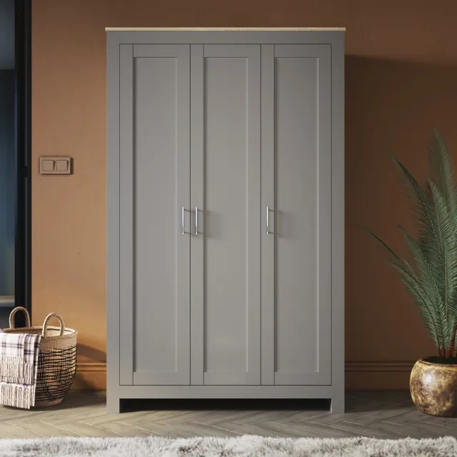 3 Door Wooden White/Grey Wardrobe Closet Organiser Drawer Storage Cabinet