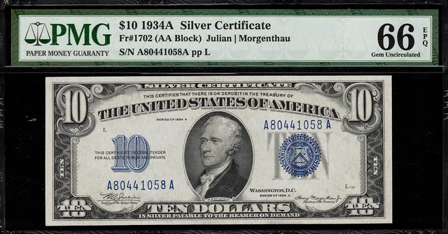 1934A $10 Silver Certificate FR-1702 - Graded PMG 66 EPQ Gem Uncirculated